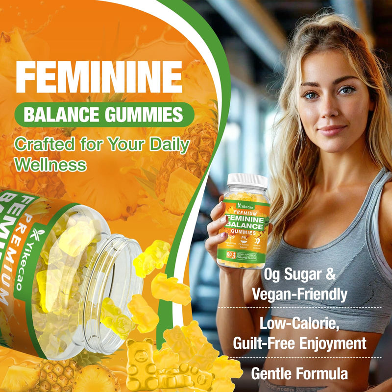 Premium Feminine Balance Gummies for Women, Pineapple Gummies for Women Ph Balance & Vaginal Health, Immune Support, Vegan, Gluten-Free, Pineapple Flavor, 60 Count 1pack