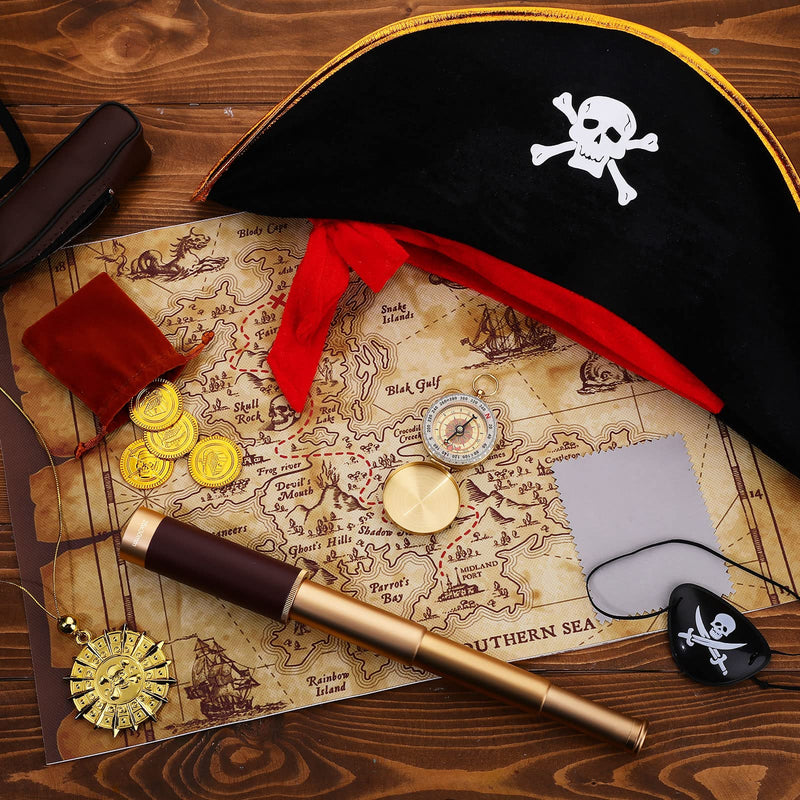 17 Piece Pirate Monocular Telescope Pirate Treasure Map Eye Patch Hat Pocket Compass Necklace Plastic Coins with Velvet Bag for Party Supplies