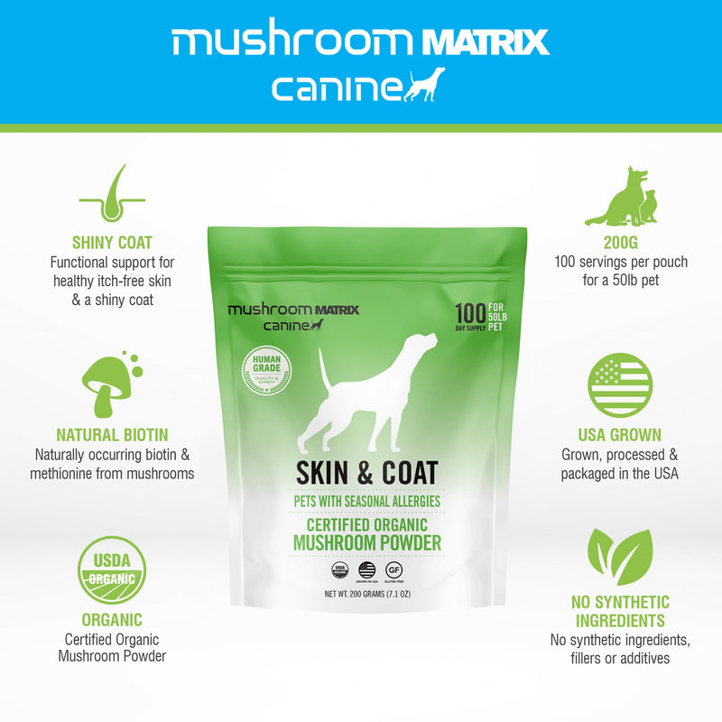 Om Mushroom Matrix Pet - Canine | Skin & Coat | USA Grown Human-Grade Organic Mushroom Powder Pet Supplement | Seasonal Allergy Skin & Coat Support for Dogs & Cats | 200 Grams, 7.1 oz 200 gram pouch - PawsPlanet Australia