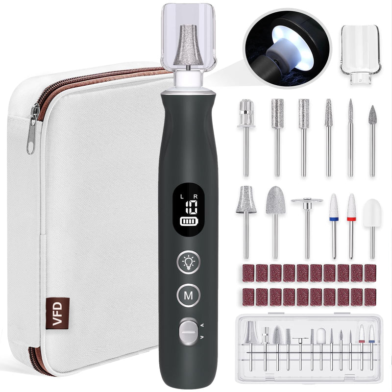 Electric Nail Drill, Cordless 2000 mAh Rechargeable Portable Nail File 12 in 1 Kit for Thick Toenails, 10 Speeds Nail Dril Machine Professional Manicure Pedicure for Hand Natural Nails Care (Grey) Grey - BeesActive Australia