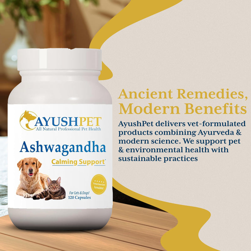 Ayush Pet Ashwagandha Capsules for Dogs & Cats - Organic Ashwagandha Root Extract for Calm and Daily Balance, Adaptogenic Wellness Supplement for Pets, 500mg Per Capsule - 120 Servings