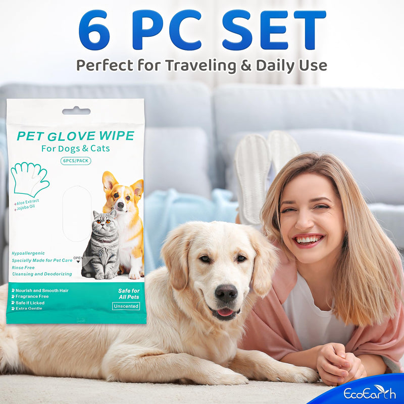 EcoEarth Premium Pet Wet Wipes for Dogs & Cats - Pack of 6 - Disposable Washing Gloves for Bathing & Grooming - Cleaning Gloves for Paws & Body - BeesActive Australia