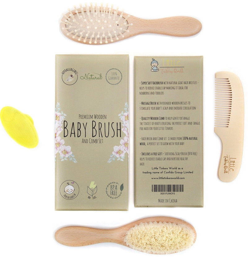 Baby Hair Brush and Comb Set for Newborn Wooden 4 Piece Soft Bristle Baby Brush and Comb Set for Newborn Girl Boy and Toddler Soft Cradle Cap New Born Infant Hair Brushes Perfect Baby Registry Gift 4 Piece Set
