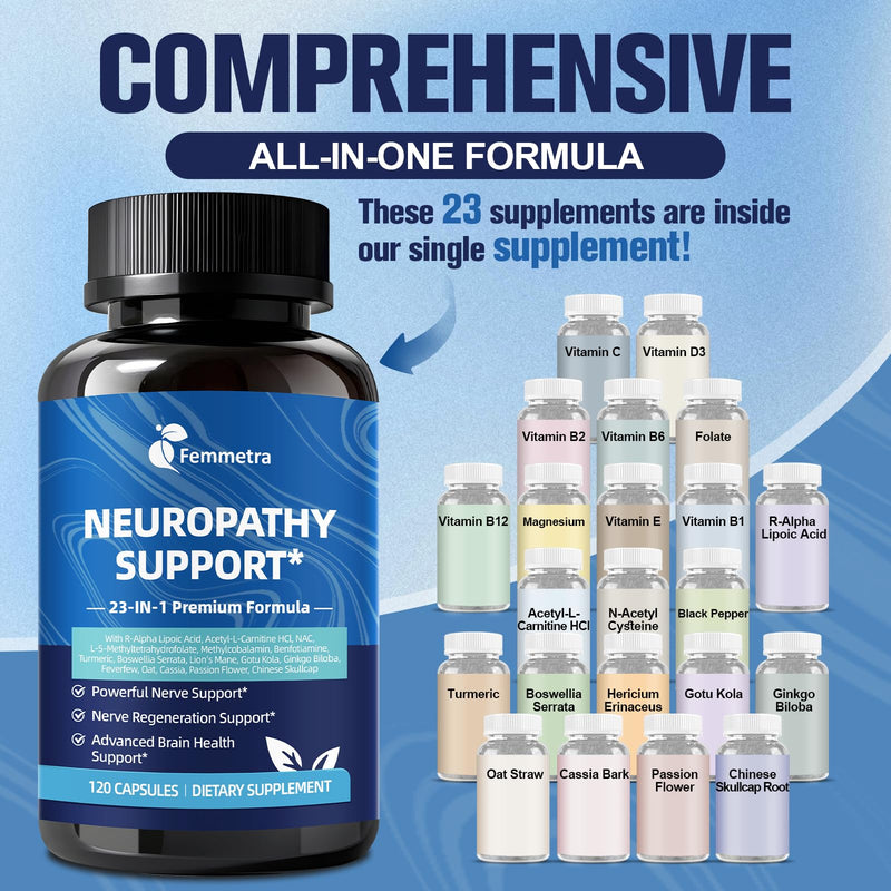 Nerve & Peripheral Neuropathy Support Supplement 1200mg R-Alpha Lipoic Acid | R-ALA L-Carnitine Vitamin B12 B1 B6 D3 E Folate Lions Mane NAC Magnesium Turmeric - Liver Detox, Antioxidant & Mental Support 120 Count (Pack of 1)