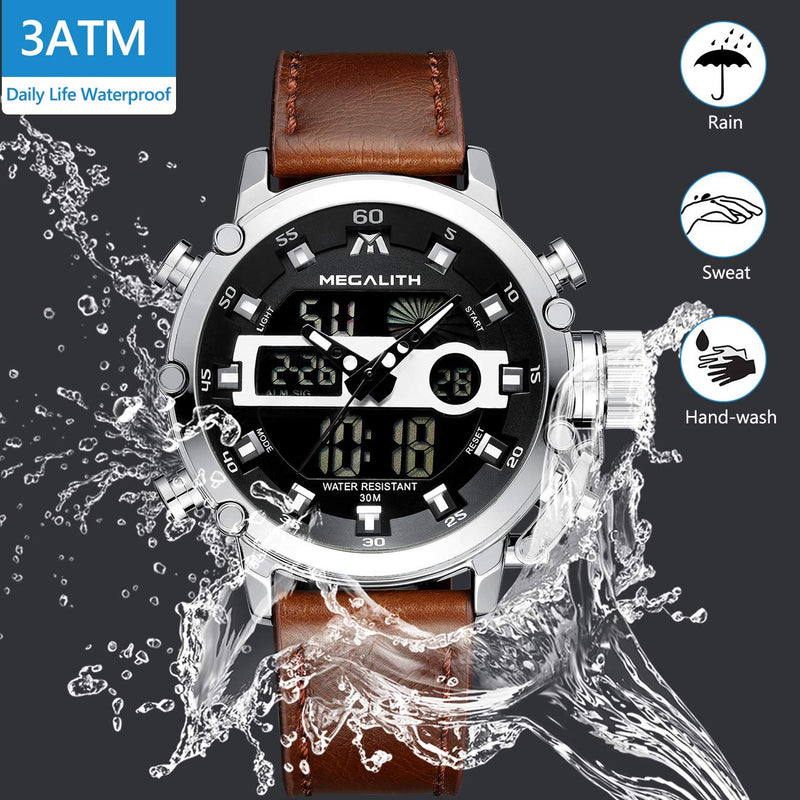 MEGALITH Mens Watches Waterproof Digital Military Sport Tactical Multifunction Heavy Duty Led Rugged Watch for Men, Alarm Stopwatch, Nylon/Leather Strap 4-Brown Silver