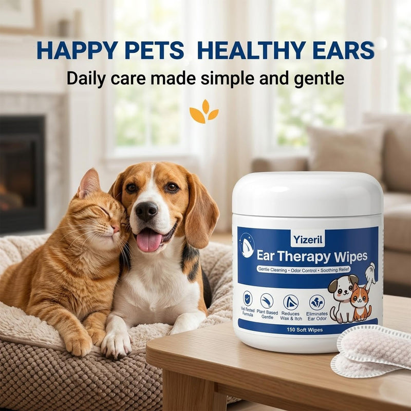 Dog Ear Wipes - 150 Count Finger Ear Cleaner for Cats, Alcohol Free Plant Based Ear Cleaning, Remove Wax Dirt Odor Ear Therapy Wipes