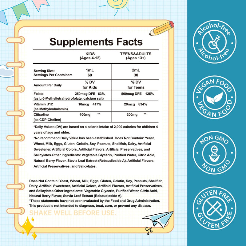 Folinic Acid Drops Kids 4+, L-Methylfolate Supplement, 5-MTHF, Brain, Focus | Liposomal Kids L-Methylfolate W/Citicoline & Methyl B12, Energy, Clarity & Cognitive Development, Sugar-Free – 2 fl oz