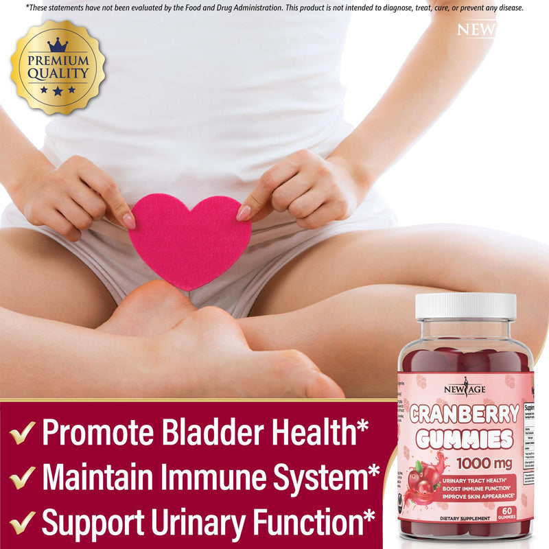 NEW AGE Cranberry Gummies Urinary Tract Health Gummies 1000mg - Supports Bladder, Kidney, UTI - Vegetarian (Cranberry 60 Gummies) 1