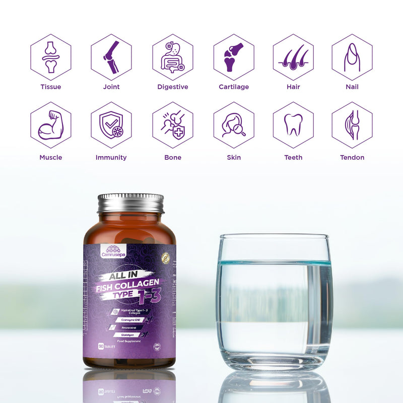 All in Fish Collagen Type 1-3 – Marine Collagen Tablets with Hyaluronic Acid, Resveratrol, Glutathione, Selenium, Zinc & Vitamins – Hair, Skin, Joint & Nail Support – 90 Tablets
