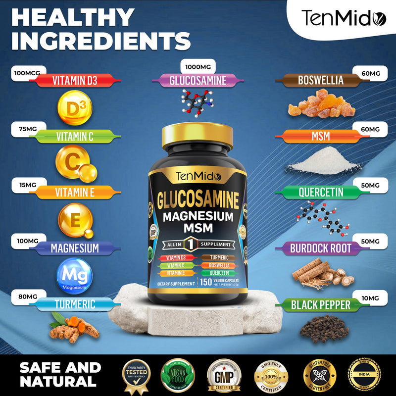 Glucosamine MSM Supplement for Men and Women - 11in1 Formula - Combine with Magnesium, Turmeric, Boswellia, Quercetin, Burdock Root, and More | Joint & Mobility Support - 150 Capsules