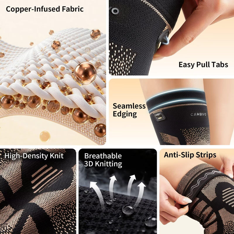 CAMBIVO Copper Knee Brace for Women and Men with Pull-Up Tabs, Knee Compression Sleeve for Knee Pain Relief, Knee Support for Daily Uses, Running, Workouts, Work, Recovery, Relief (Midnight Copper, Large) Midnight Copper