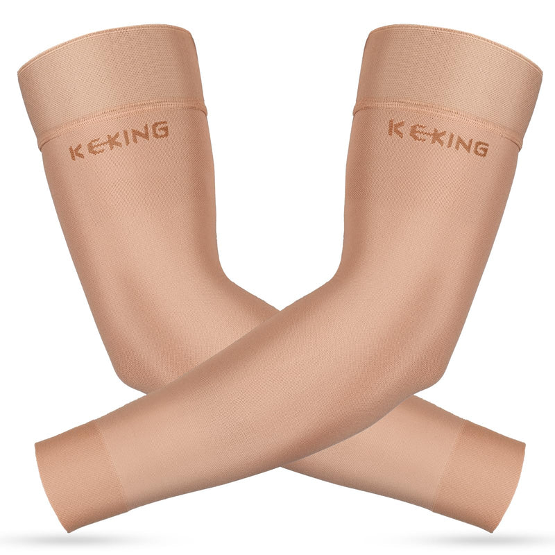 KEKING® Lymphedema Compression Arm Sleeves for Men Women (Pair), No Silicone Dot, 15-20 mmHg Compression Full Arm Support for Lipedema, Edema, Post Surgery Recovery, Swelling, Pain Relief, Beige S Small (1 Pair) 15-20mmhg Beige (Non Silicone Dot)