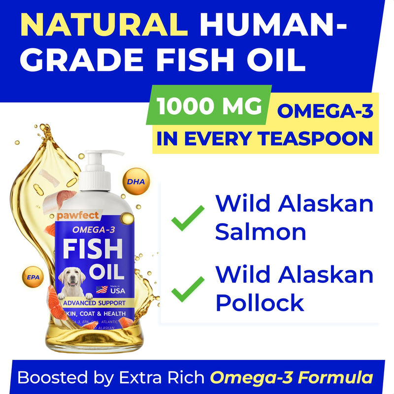 PAWFECTCHEW Fish Oil for Dogs - Natural Omega-3 - Skin & Coat Support - Liquid Food Supplement for Pets - Natural EPA + DHA Fatty Acids for Joints, Immune & Heart Health 16oz - Pollock & Salmon Oil 16 Fl Oz