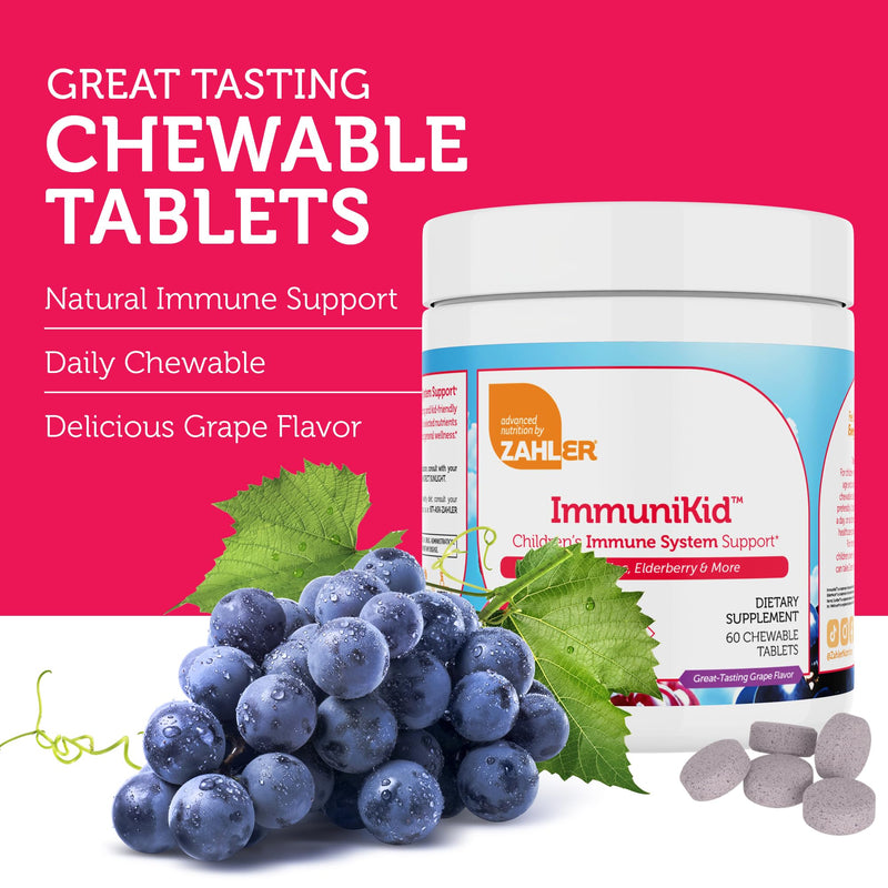 Zahler Kids Immune Support Supplement with Elderberry, Zinc and Vitamin C D3 A - Grape Flavored Chewable Tablets - Kosher Children's for Ages 4 and Up, 60 Count 60 Count (Pack of 1)