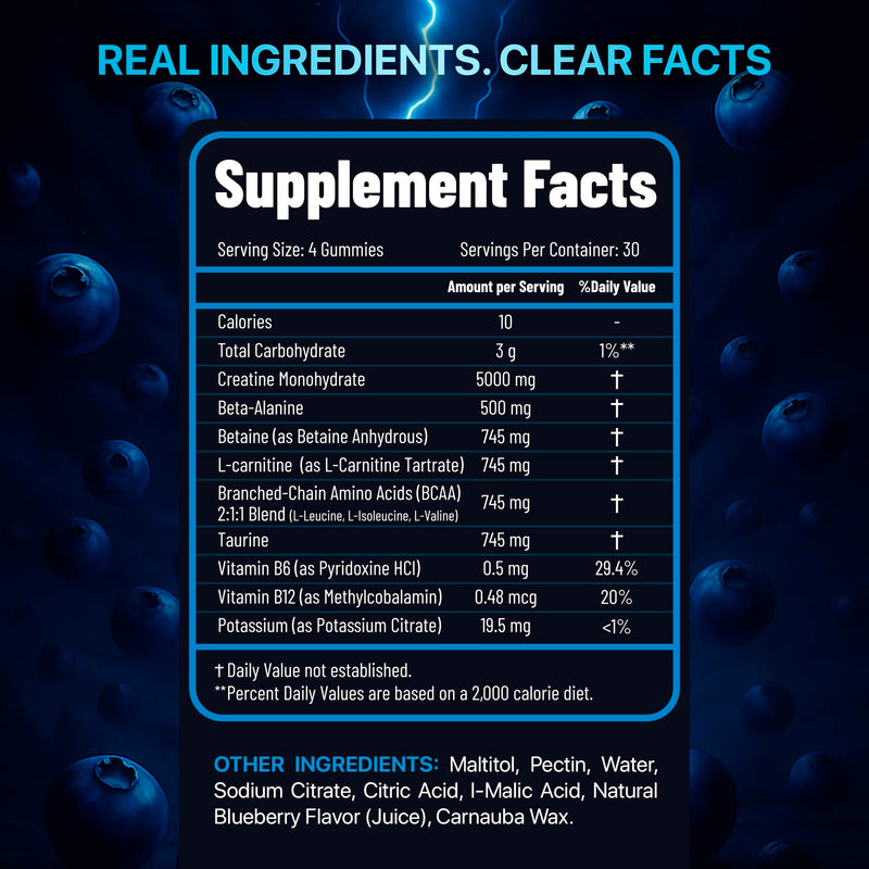 Creatine Monohydrate Gummies 8500mg Complex for Men & Women - Pre Workout Creatine Chews for Muscle Growth, Strength & Energy, Sugar Free, Vegan, Blueberry Flavor - 120 Count