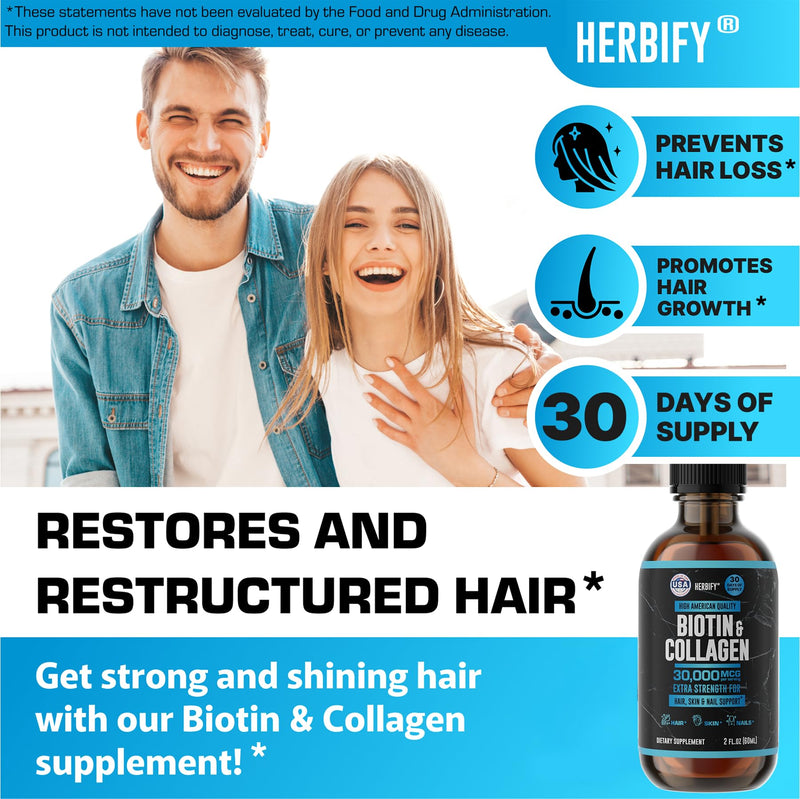HERBIFY Liquid Biotin and Collagen Drops for Women & Men, 30 Days of Supply - Support Hair, Skin & Nails - Liquid Collagen for Women - 2 FL Oz Made in USA 2 FL Oz Unflavored