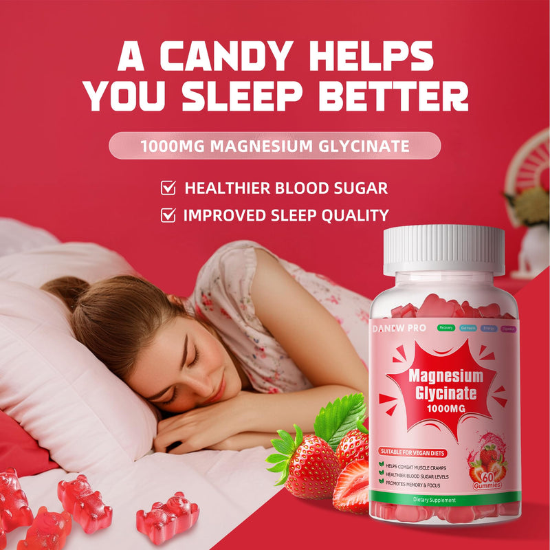 Magnesium Glycinate Gummies 1000mg - Sugar Free Magnesium Potassium Supplement with Vitamin D, B6, CoQ10 for Calm Mood & Sleep Support - 60 Strawberry Gummies 60 Count (Pack of 1)