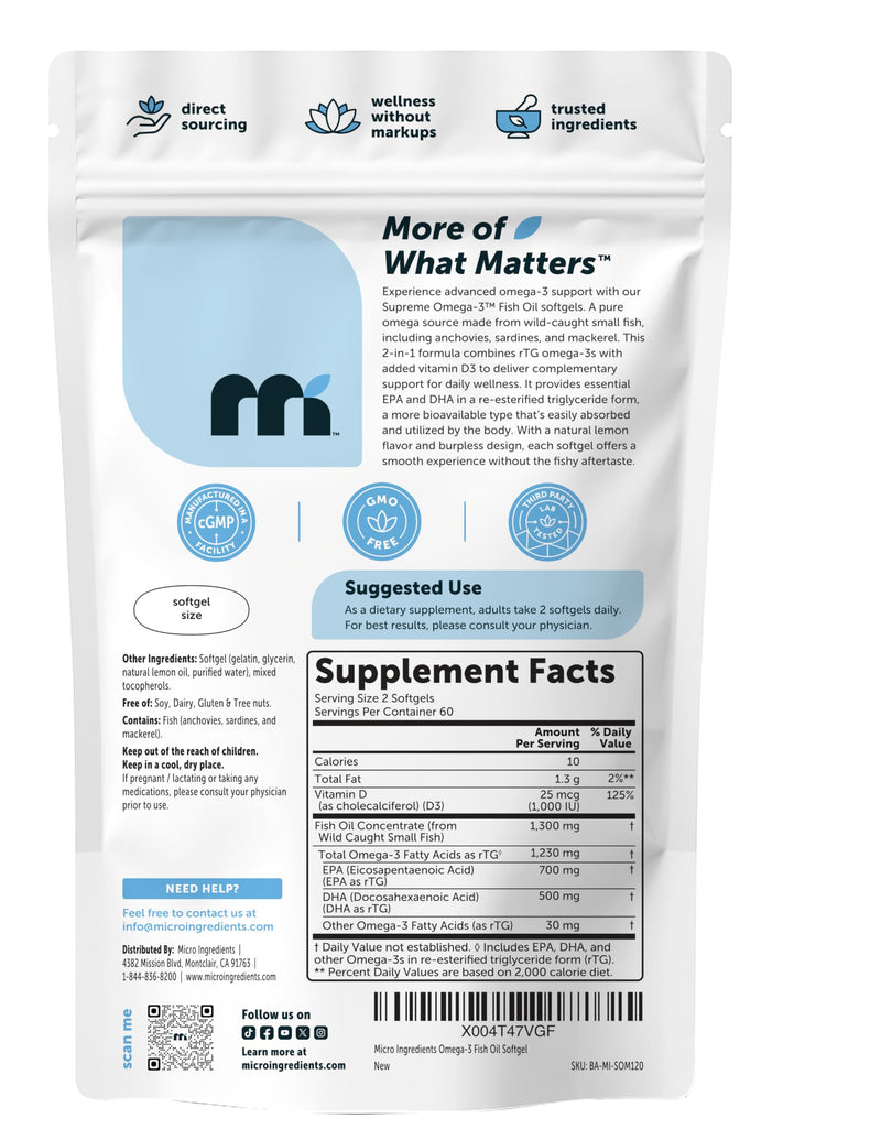 Micro Ingredients Supreme Omega-3 Fish Oil w/Ultra High EPA & DHA, Burpless Softgels | rTG Omega-3 with Vitamin D3 | Wild-Caught Cold Deep-Sea Fish | Lemon Flavor, Easy to Swallow, 120ct 120 Count (Pack of 1)