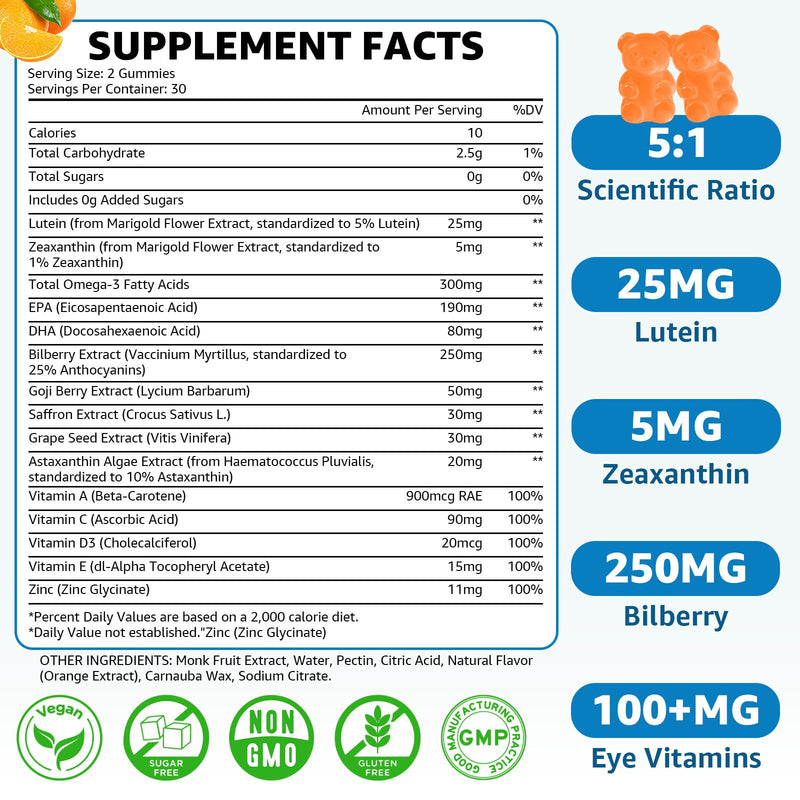 Sugar Free Lutein Gummies 25mg, Lutein and Zeaxanthin Supplements for Eye Health, 13-in-1 Eye Care Formula with Omega-3 Bilberry Saffron-Vision Health, Eye Strain, Dry Eyes,Vegan Orange Flavor 120 Cts 60 Count (Pack of 2)