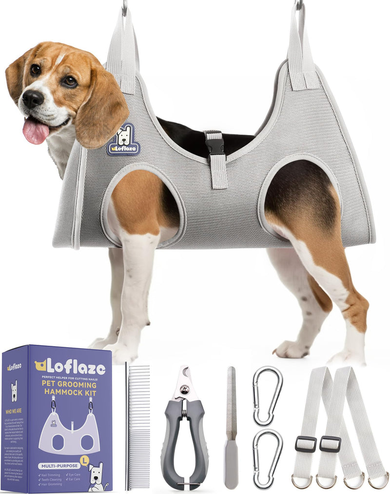 Loflaze Dog Grooming Hammock Harness for Dogs & Cats with Pet Nail Clipper Trimmer - Cat Hanger Sling for Trimming Clipping Nails- Dog Hammock Restraint Bag for Small Medium Large pet （ Grey L ） L ( Legs Distance : 8-16" / Max W：65lb ) - BeesActive Australia