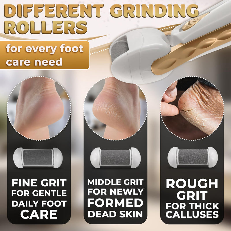 Electric Callus Remover for Feet – Electric Foot Filer with 3 Replacement Rollers & 360° Rotating Head – Hard Skin Remover for Feet with Ergonomic Handle for Easy Grip & Control in Home Pedicure Gold Callus Remover - BeesActive Australia