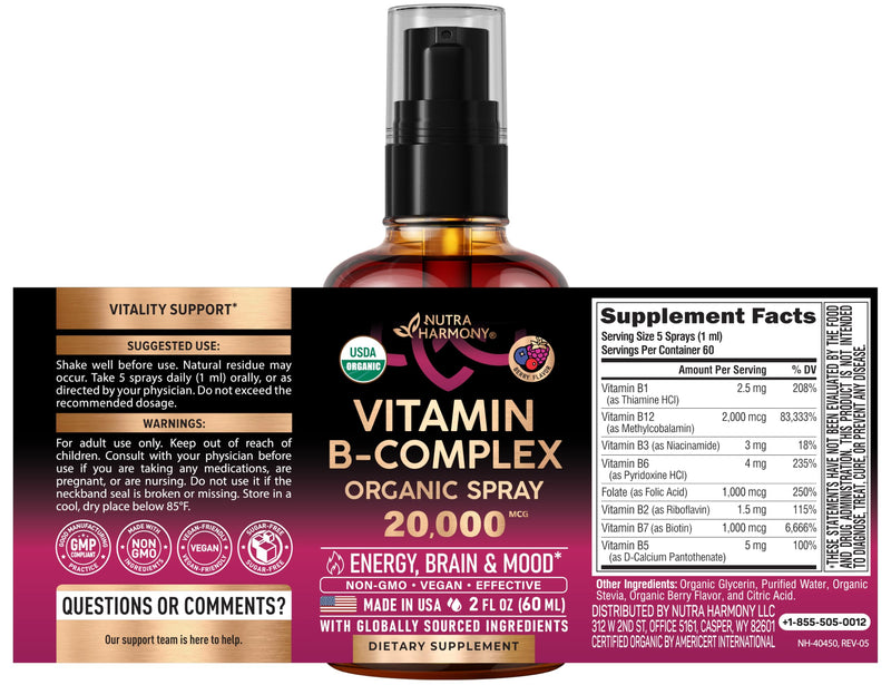 USDA Organic Vitamin B-Complex 20000mcg - B5, B12, B1, B6, B7, B9, B3 - 2Oz | B Complex Liquid Pump - Pantothenic Acid, Methylcobalamin, Thiamine, Pyridoxine, Biotin, Folic, Niacinamide - Berry Flavor