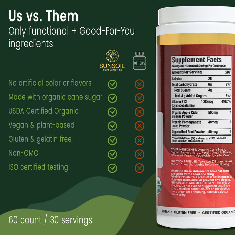 Sunsoil Energy Boost Organic Gummies, USDA Certified Organic, No Glucose Syrup, Vegan, Gluten-Free, Plant-Based