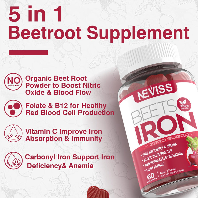 Beet Root Gummies with Iron, Increase Nitric Oxide & Iron Levels, Vegan | Sugar Free, with Methyl B12, Folate, Vitamin C, Energy Support, Fight Fatigue, Beetroot & Gentle Iron Supplement, 60 Count 60 Count (Pack of 1)