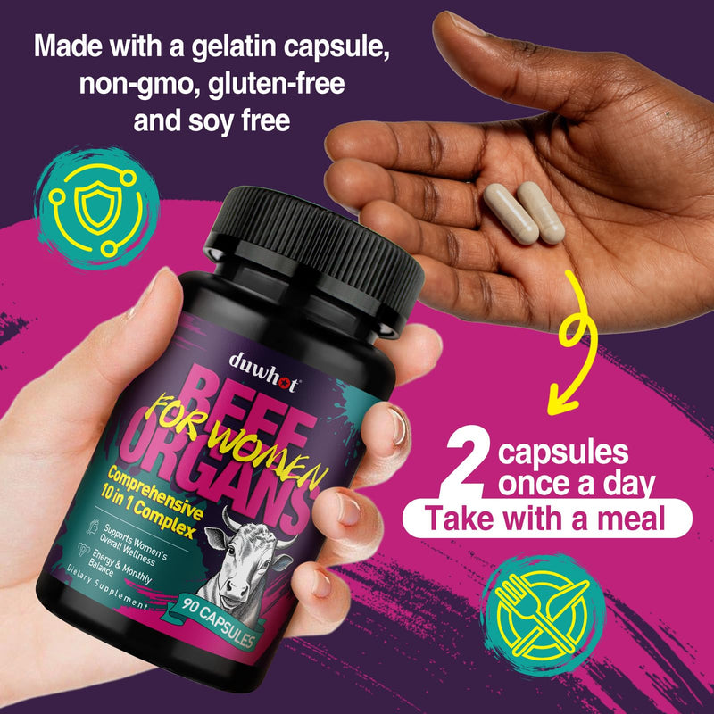 duwhot Beef Organ Supplement for Women, 90 Capsules | 10 in 1 Complex with Beef Liver, Uterus, Kidney, Heart, Support Energy & Monthly Balance, Grass Fed, Pasture Raised