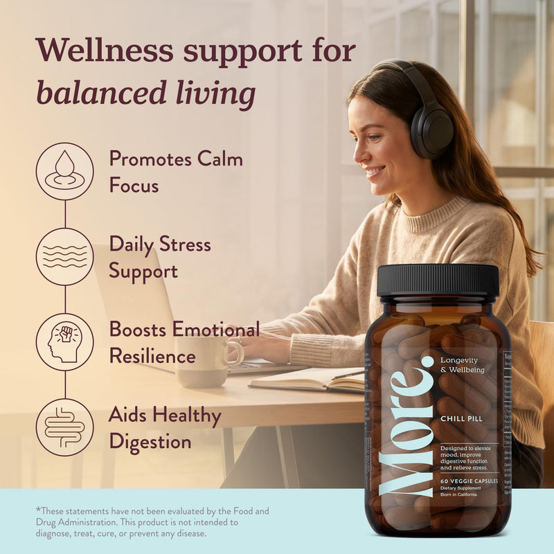 More. Longevity & Wellbeing Chill Pill Mood Support Supplement, Ashwagandha Supplements with Adaptogens, Antioxidants, Amino Acids & Plant Extracts for Stress Support & Digestion, Made in USA, 60 Caps
