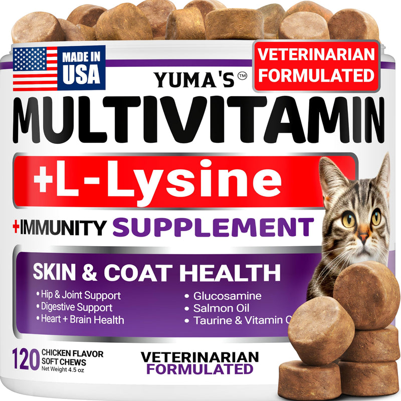 Cat Multivitamin Chews - Cat Vitamins and Supplements - Taurine & Lysine for Cats - Omega-3, Glucosamine, Cranberry - Skin & Coat, Hip & Joint Support - Immune Health, Skin, Heart, Digestion Cat Multivitamin 120 Chews