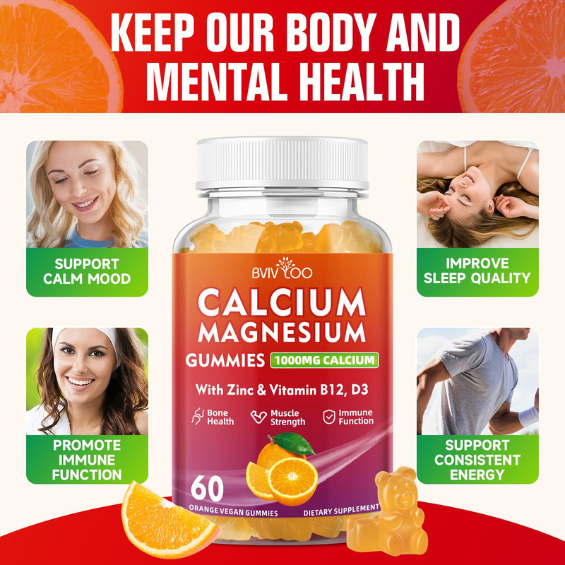 Calcium Gummies 1000mg with Vitamin D3 K2 & B Complex, Potassium, Calcium Magnesium Zinc Gummies for Bone, Muscle, Mood and Immunity - Orange Flavor 60 Gummies 1 Pack