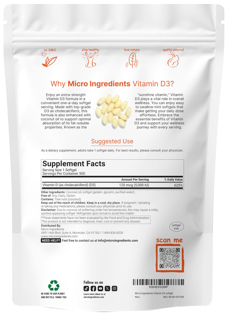 Micro Ingredients Vitamin D3 5,000 IU, 500 Softgels | Virgin Coconut Oil | Cholecalciferol Form | Bone, Immune & Heart Support | Easy to Swallow, Non-GMO