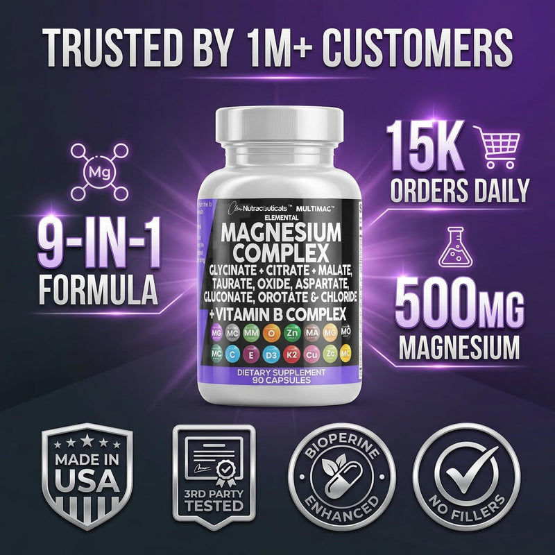 Clean Nutraceuticals Magnesium Complex with Magnesium Glycinate Citrate Malate Oxide Taurate Aspartate Orotate & Mag Chloride, Zinc Copper Manganese & Vitamin C B1 B2 B6 B12 Complex - 1Pack 90 Count (Pack of 1)