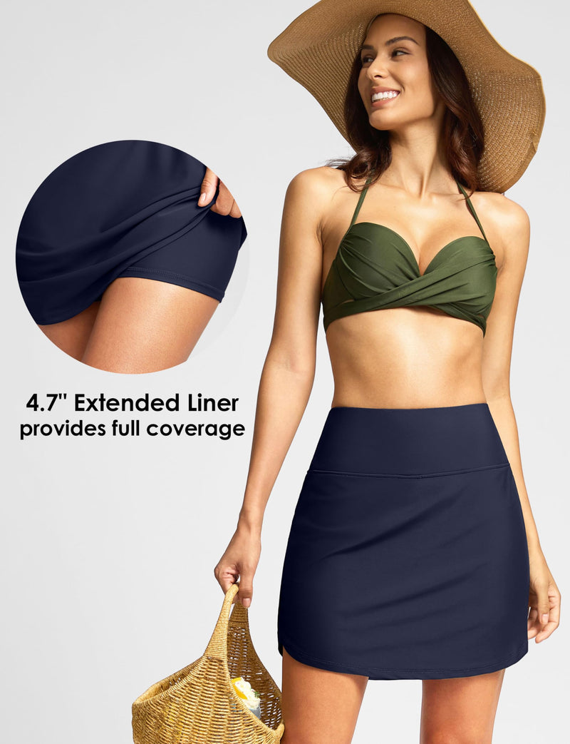 Viodia Women's 17" Long Swim Skirt High Waisted Modest Swimsuits Skirt Bathing Suit Tummy Control Swim Bottoms Large Navy