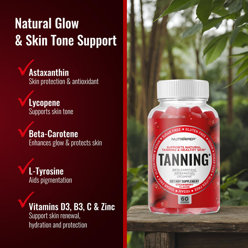 NutraPep Tanning Gummies for Women - Self Tan Bronzing Oral Tanning Chews | Work Without Sun - No Sugar Vegan with Astaxanthin Lycopene Beta Carotene Vitamins - Glow Skin Health Daily Supplement 60 Count (Pack of 1)