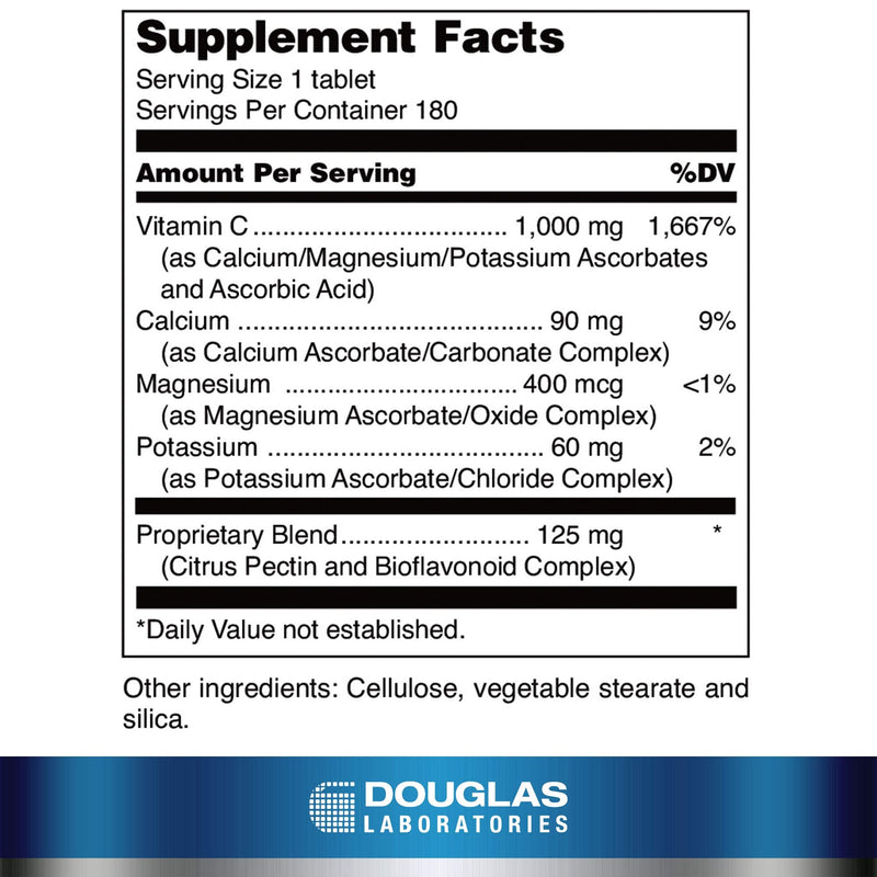 Douglas Laboratories Ascorbplex 1000 | 100% Pure Vitamin C Buffered with Calcium, Magnesium and Potassium | 180 Tablets | 100% Pure Vitamin C Buffered with Calcium, Magnesium and Potassium, Antioxidant Support, Non-GMO