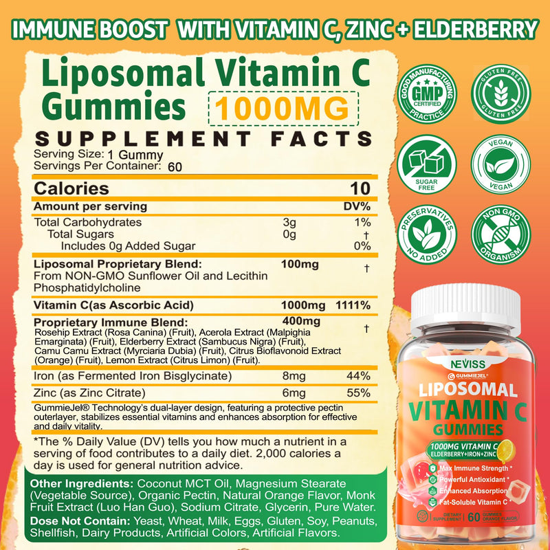 Liposomal Vitamin C 1000mg Gummies for Adults - Vitamin C Chewable with Elderberry, Zinc & 8mg Iron, Sugar Free Vit C Supplements, Daily Immune Support Gummies for Energy, Collagen Booster 60 Counts 60 Count (Pack of 1)
