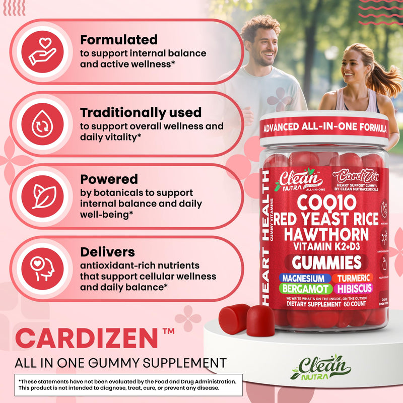Clean Nutra CoQ10 Gummies Red Yeast Rice Hawthorn K2 Vitamin Supplement Magnesium Glycinate Turmeric Citrus Bergamot Hibiscus VIT D K Fenugreek Garlic Supplements Heart Support Gummy 60ct