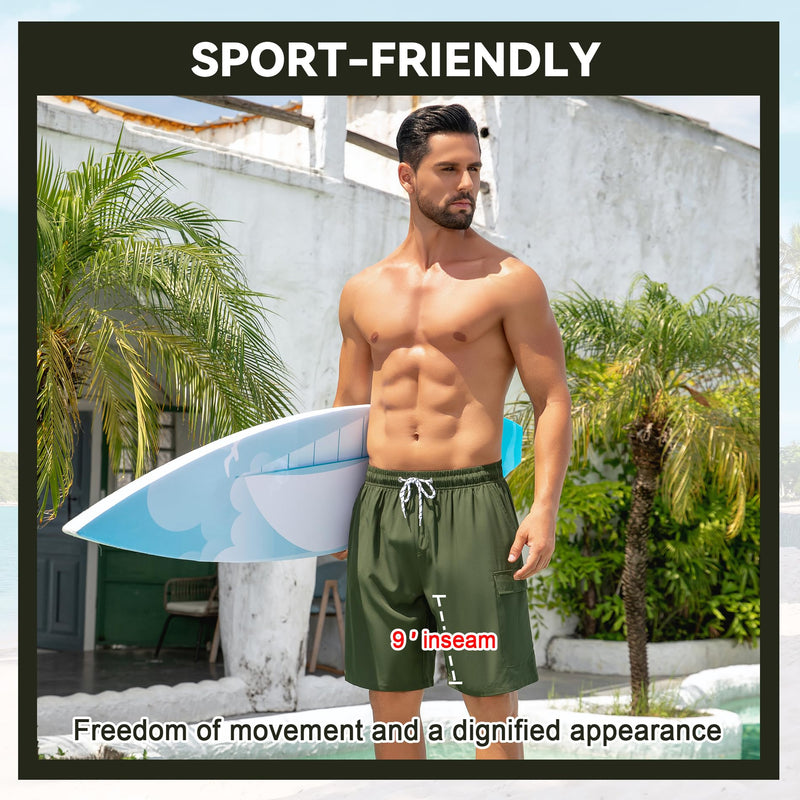American Trends Mens Swim Trunks with Compression Liner Board Shorts for Men Quick Dry Swimsuits Bathing Suit Swimwear X-Large 9" Army Green - BeesActive Australia