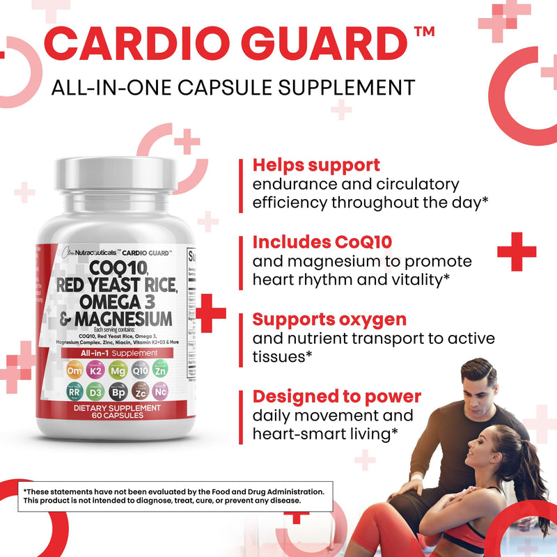 Clean Nutraceuticals COQ10 200mg Red Yeast Rice Flax Seed Magnesium Blend Niacin Zinc Vitamin K2 D3 - Heart Support Vitamins for Women & Men w/Vitamin B3, Coenzyme Q10-60 Ct (Pack of 2) 60 Count (Pack of 2)