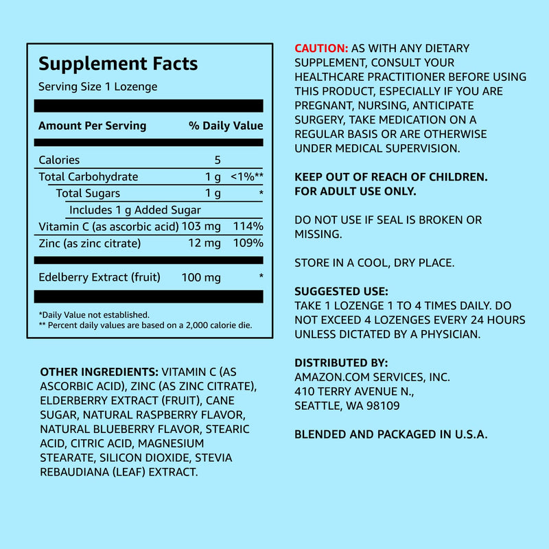Amazon Elements Elderberry Complex, Immune System Support, 60 Berry Flavored Lozenges, Elderberry 100mg, Vitamin C 103mg, Zinc 12mg per Serving (Packaging May Vary) (Pack of 2) 60 Count (Pack of 2)