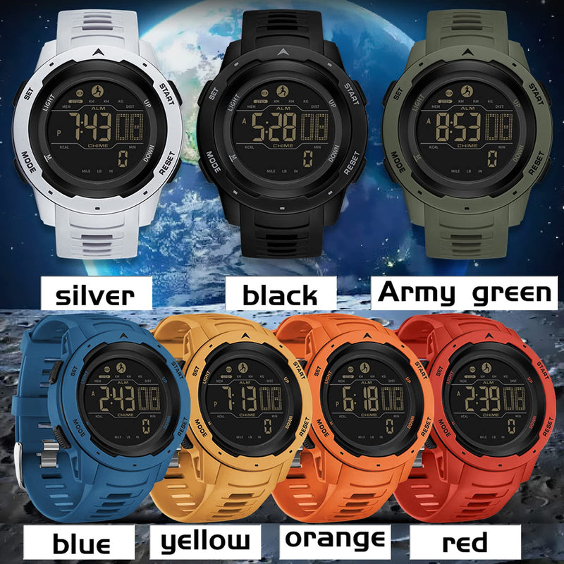 Step Counter Fitness Tracker Watches for Men, Men's Digital Sports Yellow Watch IP68 Waterproof with Pedometer Calorie Dual Time Countdown Stopwatch, Tactical Military Outdoor Survival Hiking Orange - BeesActive Australia