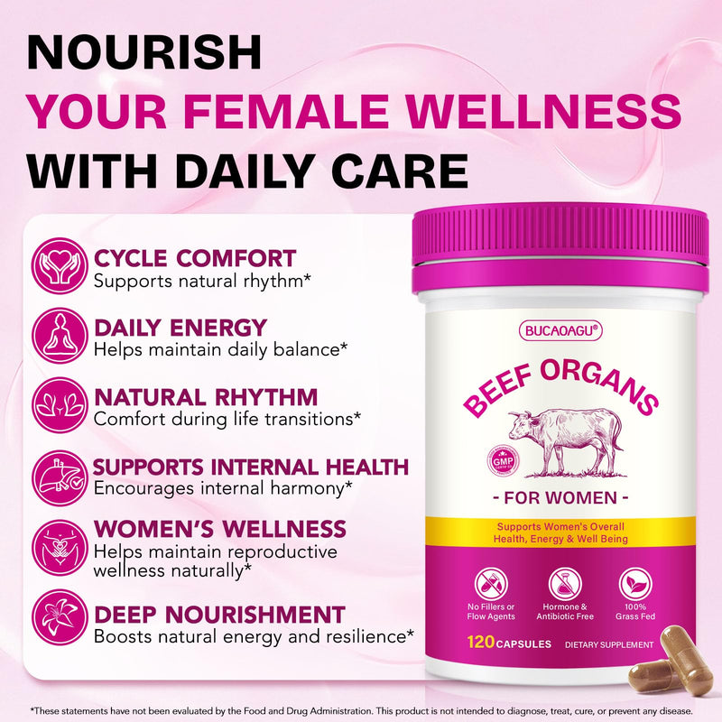 Beef Organ Supplement for Women, Liver Heart Kidney Blend, 120 Capsules | 100% Grass Fed, Lab Tested
