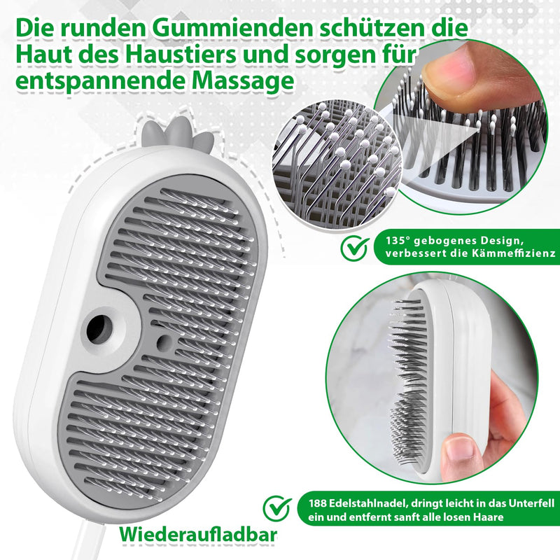 Cat brush with steam and release button, rechargeable steam brush for cats and dogs, spray pet hair brush, massage steamer comb for long hair and short hair to remove loose fur and dirt, white - BeesActive Australia