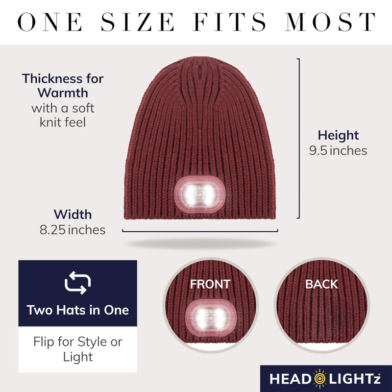 Headlightz® Reversible Knit LED Beanie – Rechargeable Lighted Hat, 2-in-1 Design, Machine Washable, Warm Winter Cap for Running, Dog Walking, Outdoor & Emergency Use - Wine