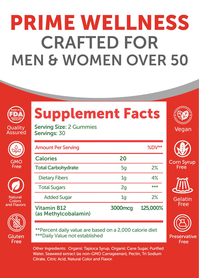 Lunakai USA Made Vitamin B12 Gummies for Adults 50+, 3000mcg, 60ct | Non-GMO, Vegan B12 Supplement for Energy Metabolism & Daily Vitality Support - Tasty & Non-Sticky Gummies