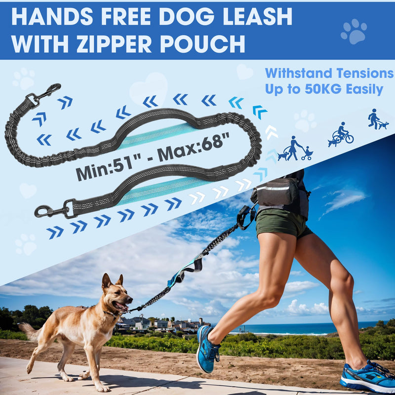 Hands Free Dog Leash with Waist Belt – No-Pull Bungee, Dual Padded Handles & Zipper Pouch for Running, Walking & Training – Adjustable Waist Leash for Large & Medium Dogs (Black) Black