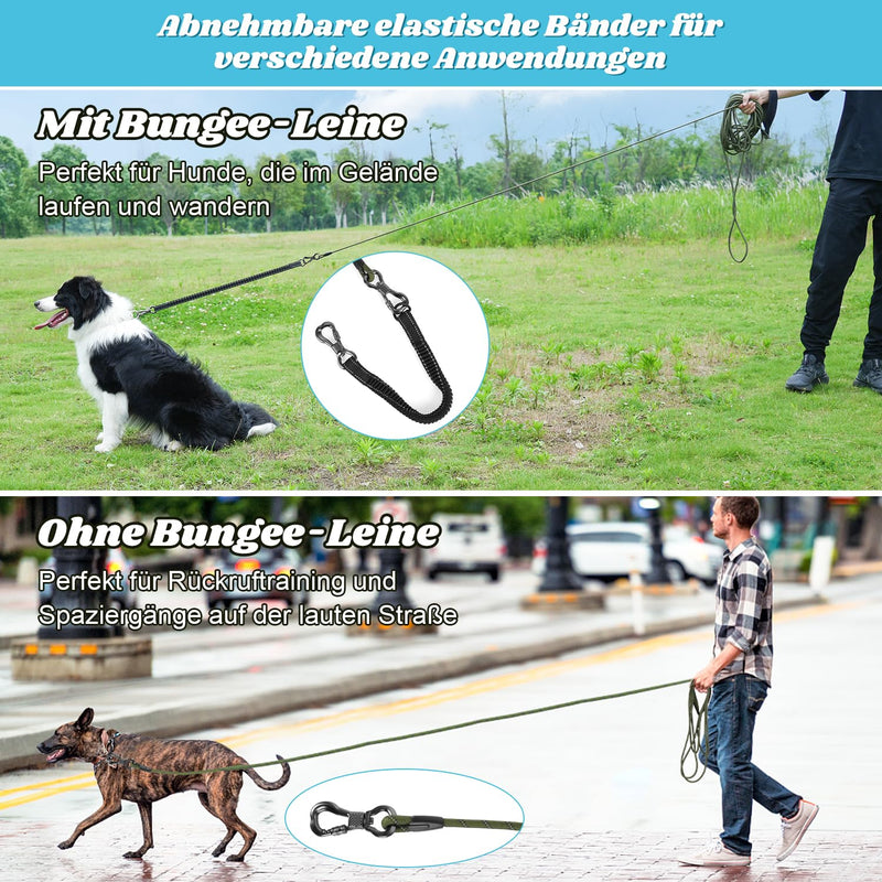 Aystkniet drag leash 10 m for dogs, dog leash with removable elastic cord Lockable hook | Padded Handle, Long Walking Lead Training Lead for Medium and Large Dogs 10M × 8MM Army Green - BeesActive Australia