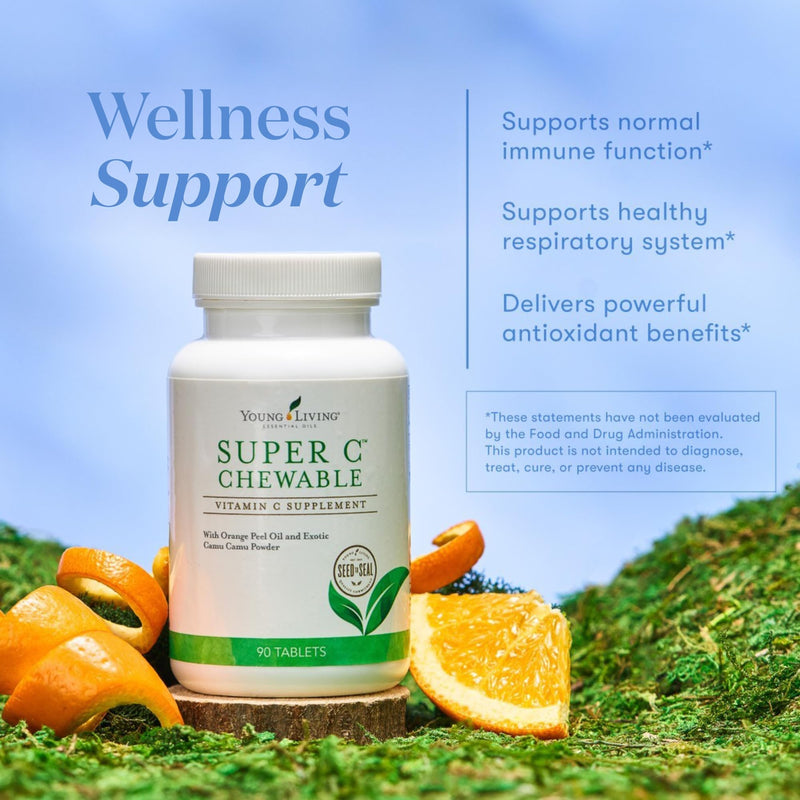 Young Living Super C Chewable Tablets 90ct - Vitamin C Supplement with Blend of Camu Camu, Acerola, Cherry, and Rose Hip Fruit Powder and Orange Premium Essential Oil